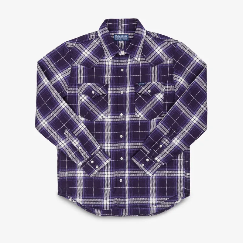 Iron Heart 9oz Selvedge Flannel Western Shirt - Purple Check made by Iron Heart