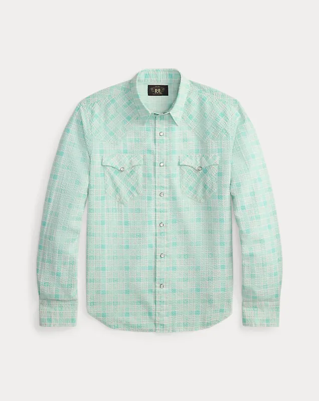 RRL - Slim Fit Seersucker Western Shirt in Turquoise made by RRL