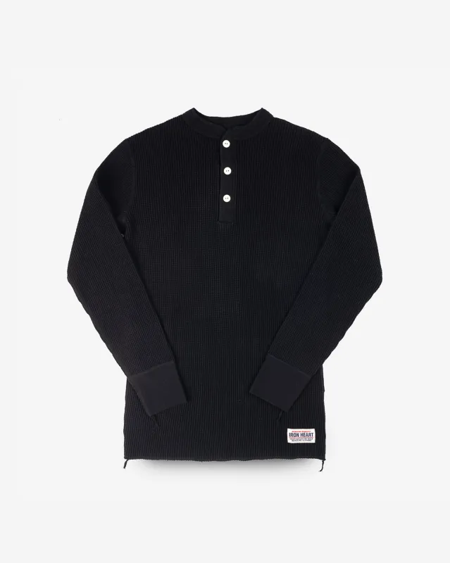 Iron Heart - Waffle Knit Long Sleeved Thermal Henley - Black made by Iron Heart