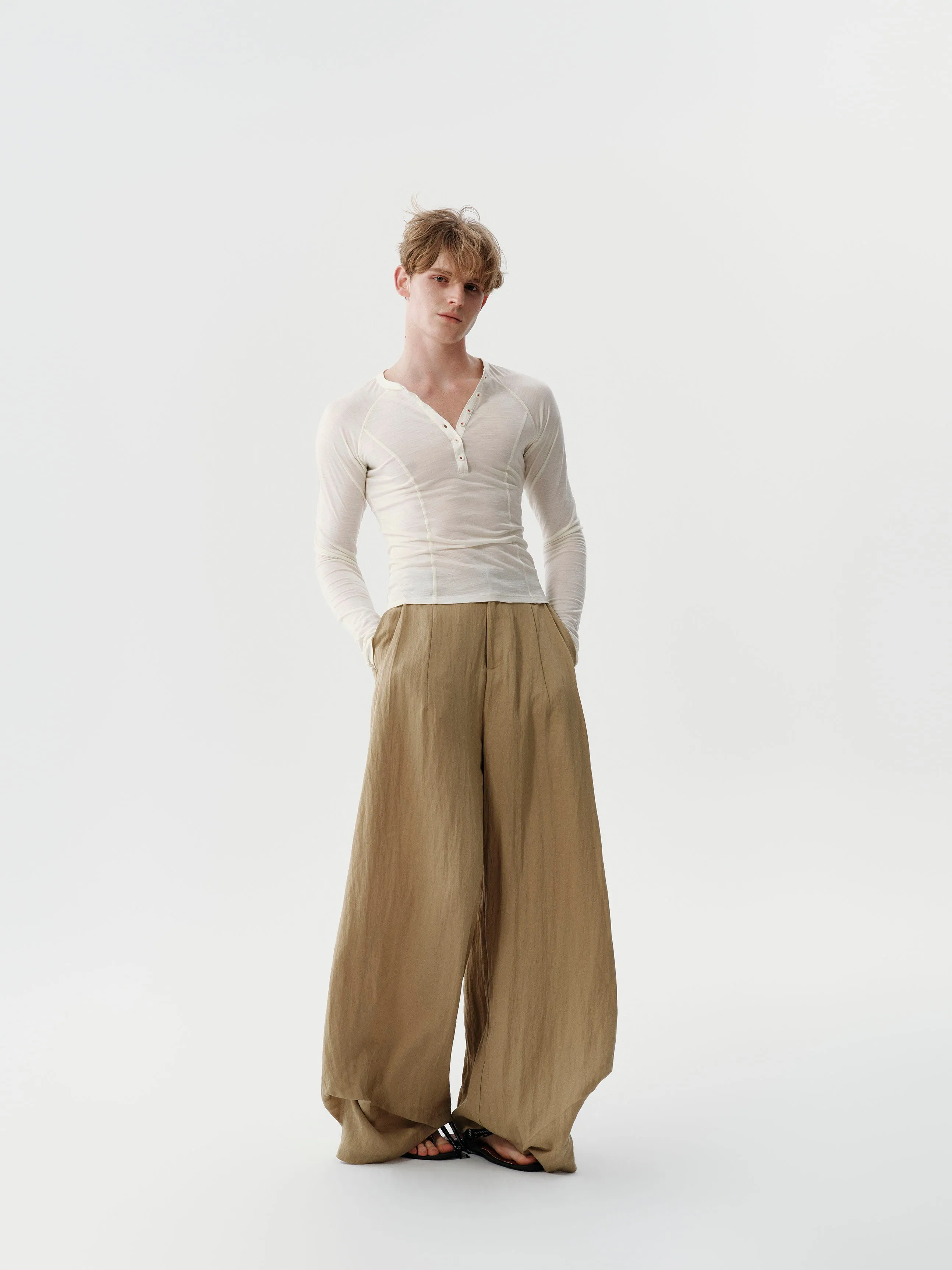 Drape Pleated Pants — Sand Beige sold by YHONE