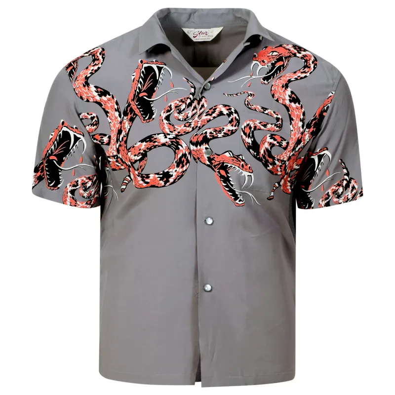 Rattle Snake Printed SH38378 Short Sleeve Grey Hawaiian Shirt SoH11082 made by Sugar Cane