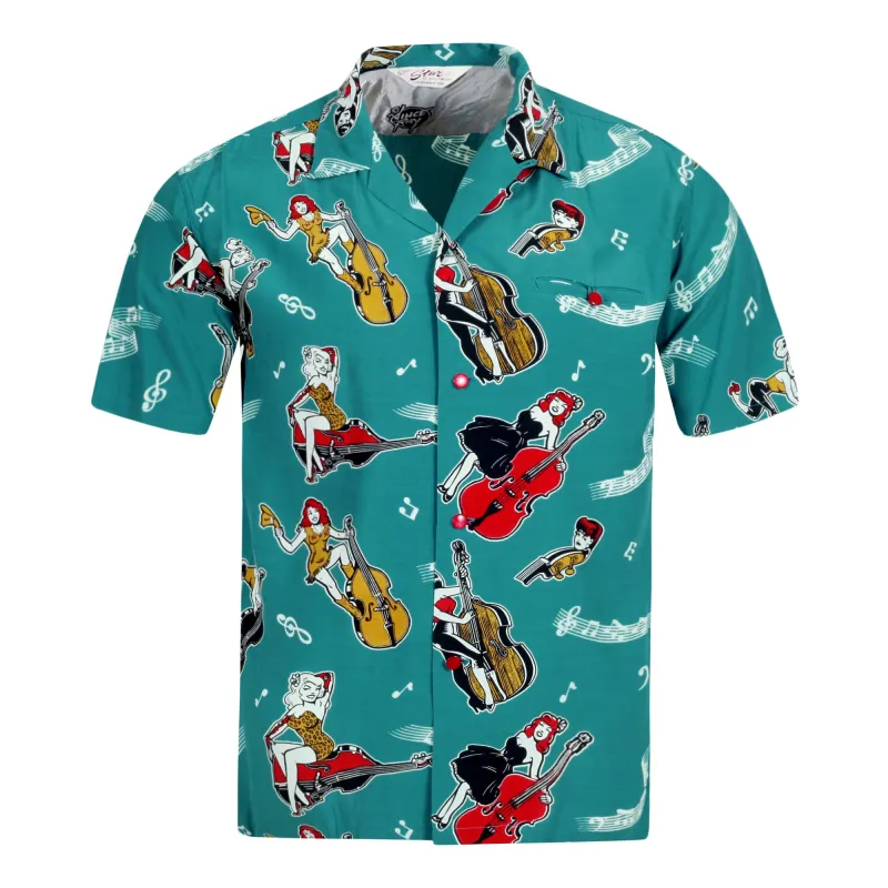 Blue SH38114 Hawaiian Shirt with Double Bass Pinups Print SoH10091 made by Sugar Cane