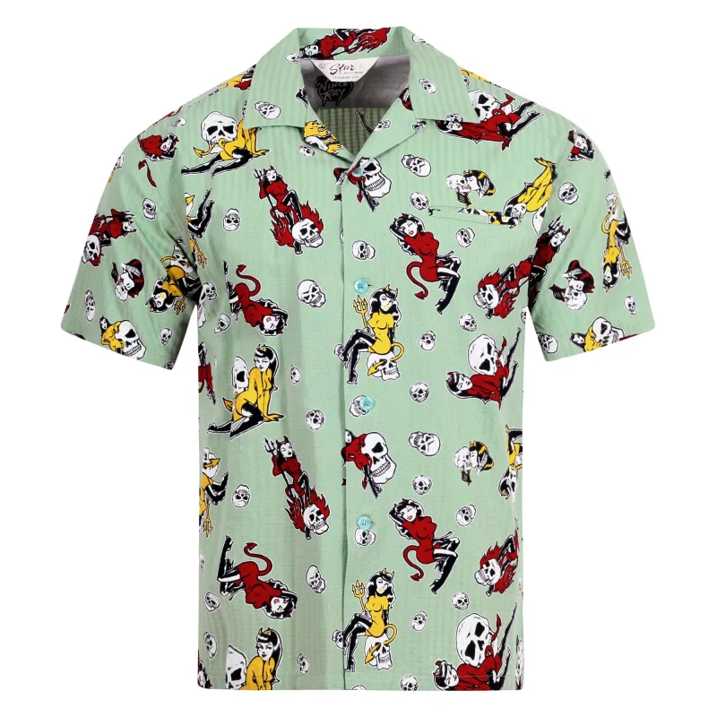 The Devil Skull Girls Print SH38115 Mint Green Hawaiian Shirt SoH10094 made by Sugar Cane