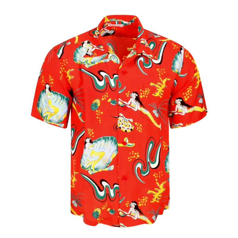 Red Mermaid Print SS38031 Hawaiian Shirt with Cuban Collar SURF10088 made by Sugar Cane