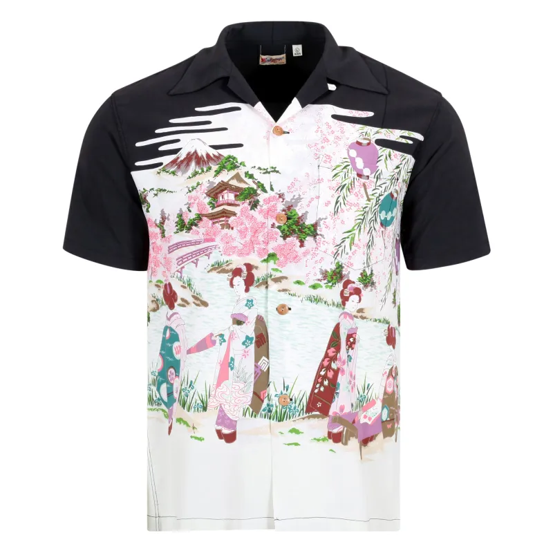 Black SS38030 Old Japanese Scenery Printed Hawaiian Shirt SURF10086 made by SUNSURF