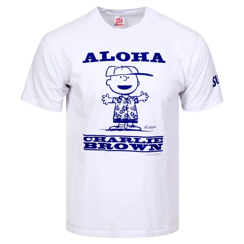 Peanuts Charlie Brown SS78488 Aloha White Crewneck T-Shirt SURF11079 sold by Sugar Cane