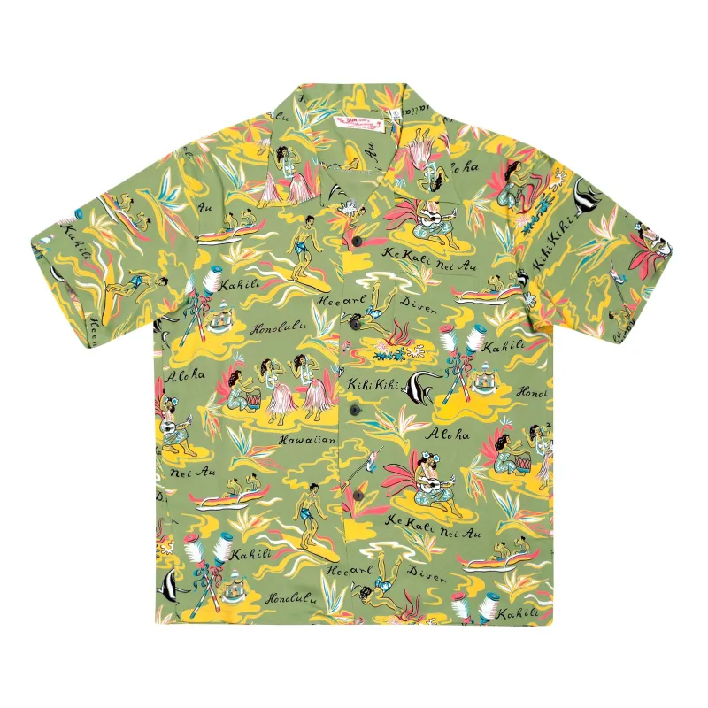Mens Hawaiian Hula Print SS37771 Green Rayon Hawaiian Shirt SURF8586 sold by Sugar Cane