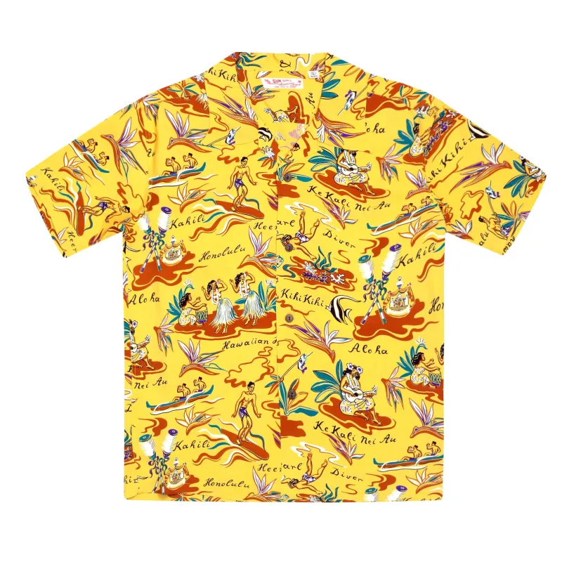 Mens Hawaiian Hula Print SS37771 Yellow Rayon Hawaiian Shirt SURF8587 sold by Sugar Cane