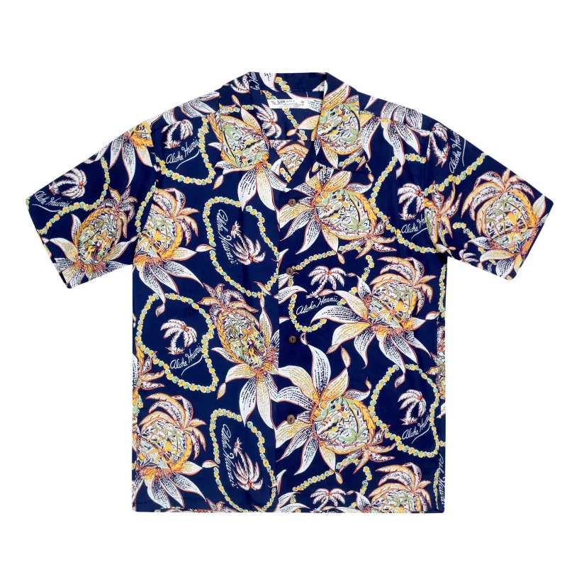 Dreams and Pineapples Print SS37774 Navy Rayon Hawaiian Shirt SURF8590 sold by Sugar Cane