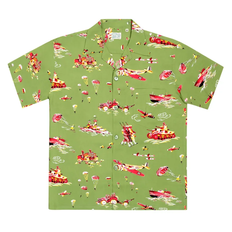 Oahu History of Troops Printed SS33876 Olive Hawaiian Shirt SURF7568 sold by Sugar Cane