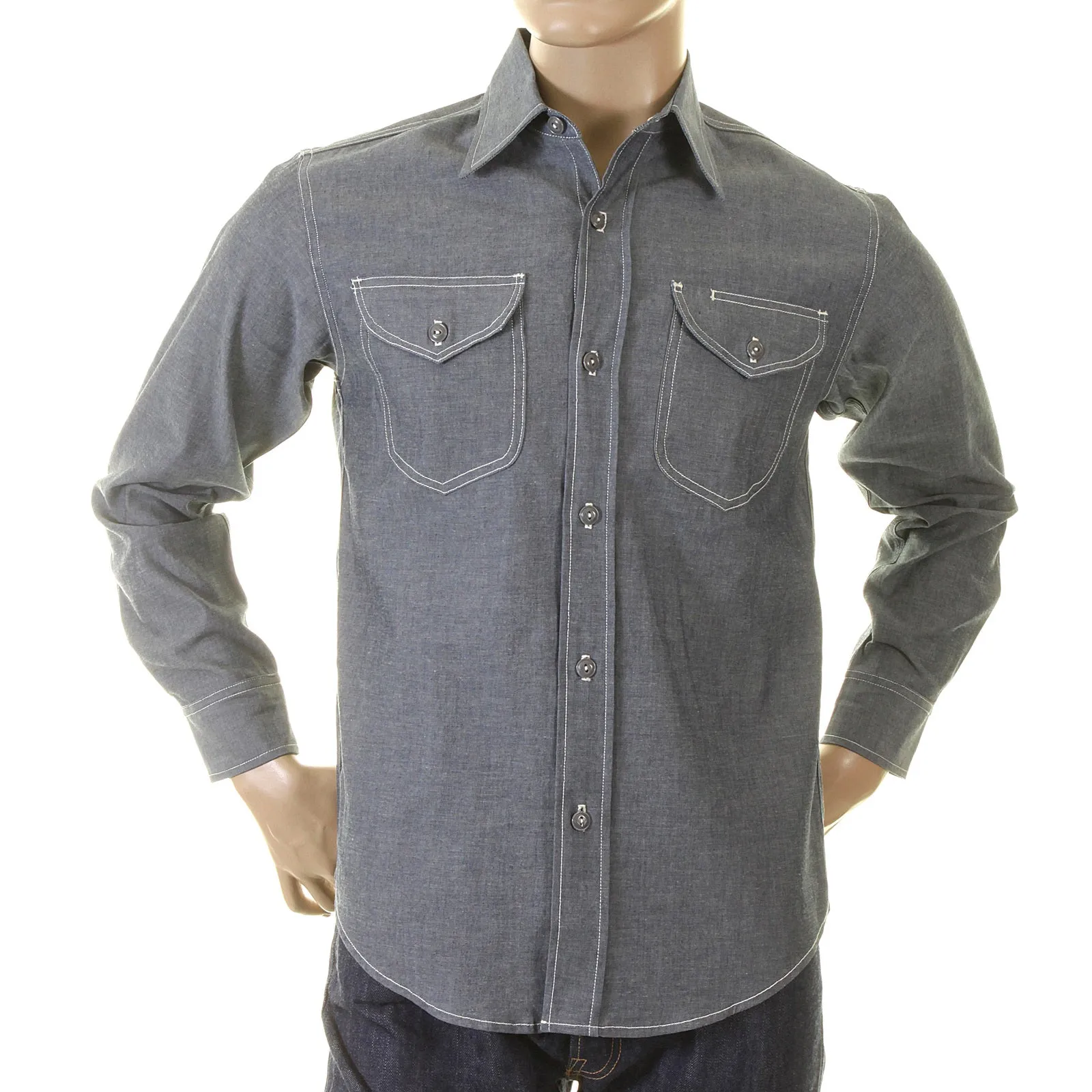 Navy Chambray Non Wash SC25638N Vintage Cut Work Shirt CANE2021 sold by Sugar Cane