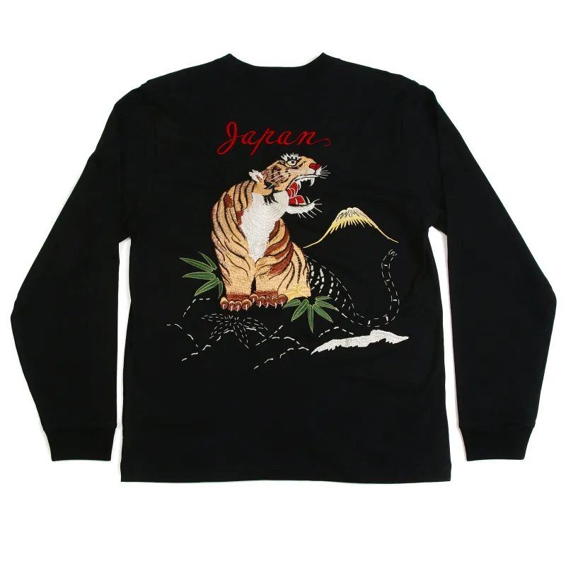 Black Slim Fit TT64241 Tiger Embroidered Long Sleeve T-Shirt CANE2847 made by Sugar Cane