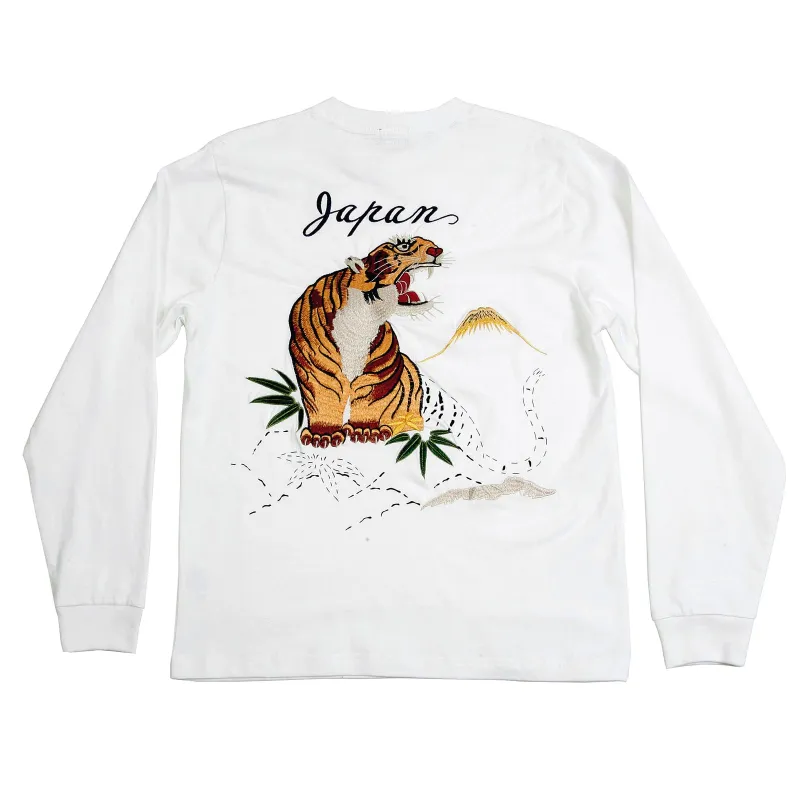 Tiger Embroidered White Long Sleeve TT64241 Slim Fit T-Shirt CANE2846 made by Sugar Cane
