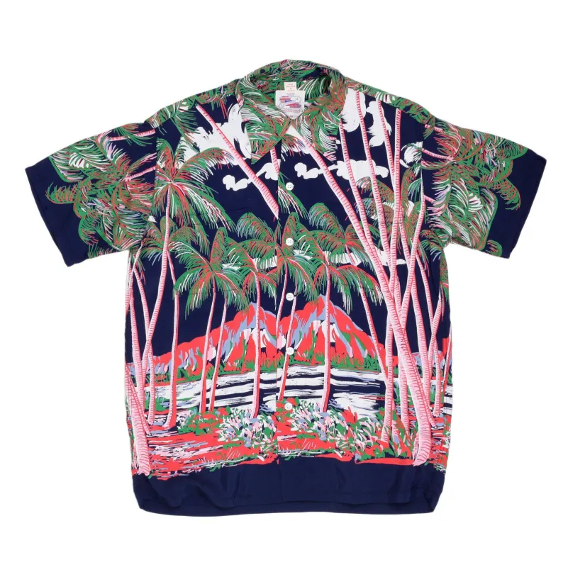 Sun Surf DK36202 Duke Kahanamoku Coconut Palms &amp; Duamond Head Rayon Hawiian Shirt in Navy SURF0028 sold by Sugar Cane