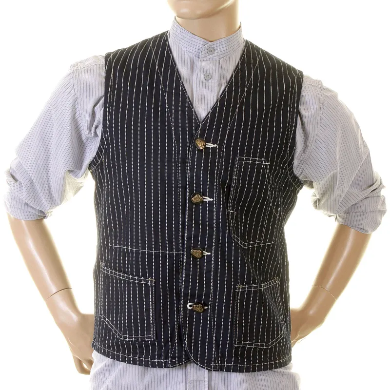 Sugarcane Mens Navy SC12361A Dot Striped Wabash Engineer Vintage Cut Regular Fit Denim Waistcoat Top CANE2015 made by Sugar Cane
