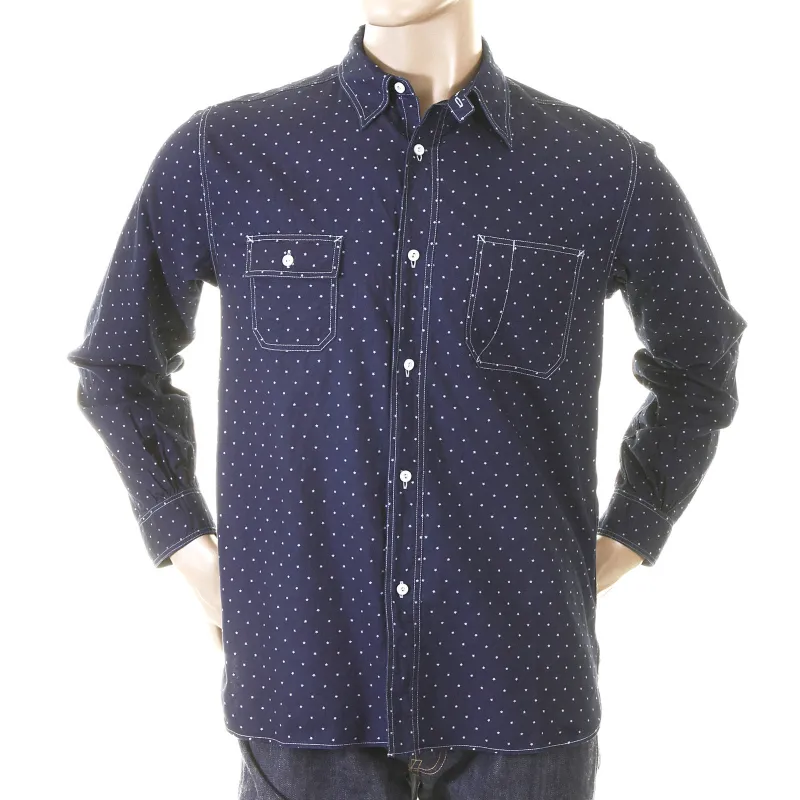 Navy Fiction Romance SC25675A Star Dot Vintage Cut Work Shirt CANE2728 made by Sugar Cane