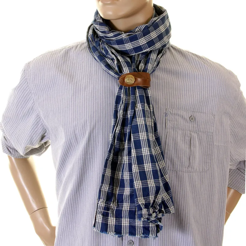 Sugarcane Blue Palaka SC01968A One Wash Vintage Cut Stole for Men with Leather Stole Ring CANE2694 made by Sugar Cane