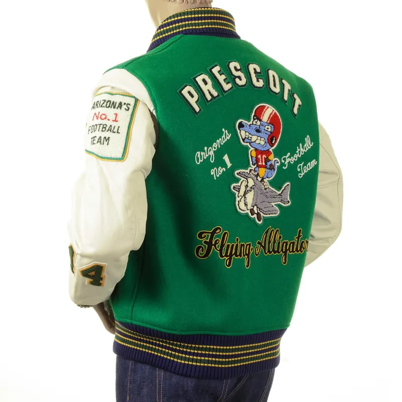 Whitesville Regular Fit WV12077 Kelly Green Melton Wool Flying Aliigators Stadium Jacket with White Leather Sleeves CANE2102 sold by Sugar Cane