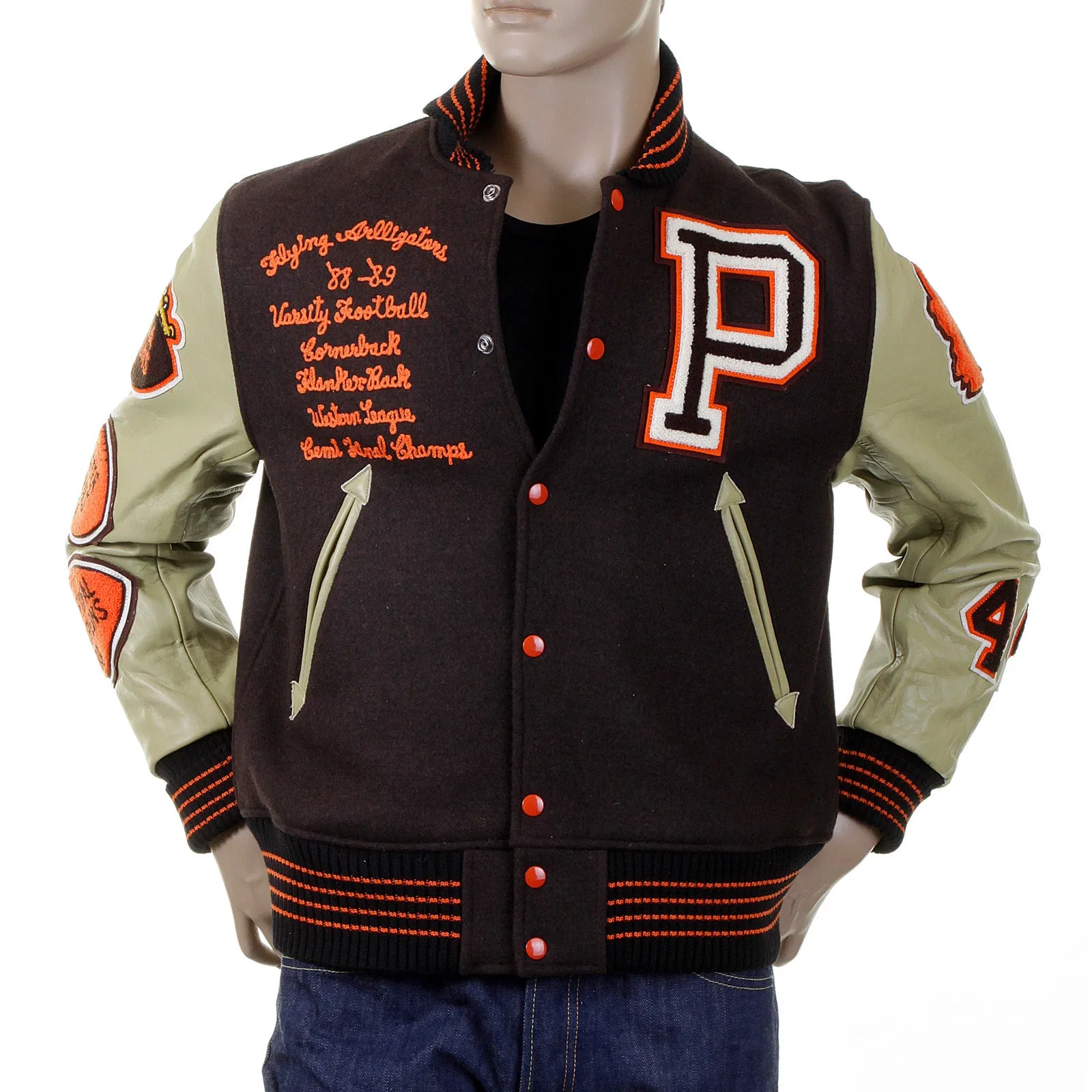 Whitesville Brown Wool Body Dark Cream Leather Sleeve WV12077 Regular Fit Flying Alligators Stadium Jacket CANE2101 sold by Sugar Cane product image thumbnail 3