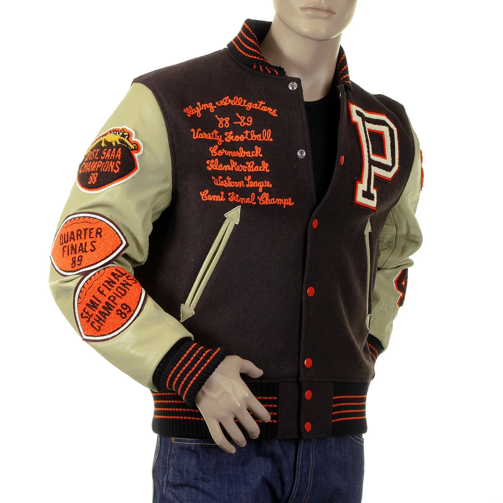 Whitesville Brown Wool Body Dark Cream Leather Sleeve WV12077 Regular Fit Flying Alligators Stadium Jacket CANE2101 sold by Sugar Cane product image thumbnail 4