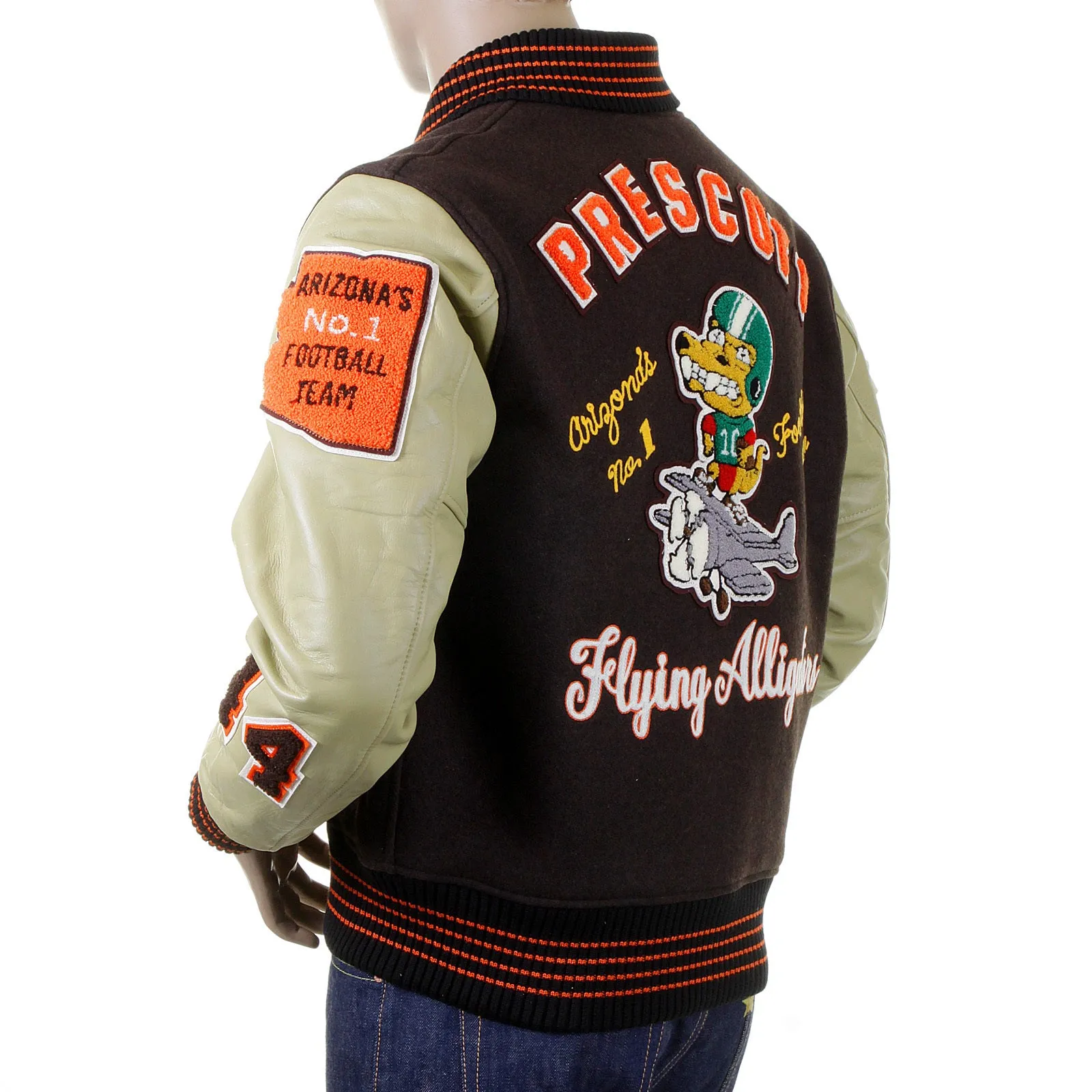 Whitesville Brown Wool Body Dark Cream Leather Sleeve WV12077 Regular Fit Flying Alligators Stadium Jacket CANE2101 sold by Sugar Cane