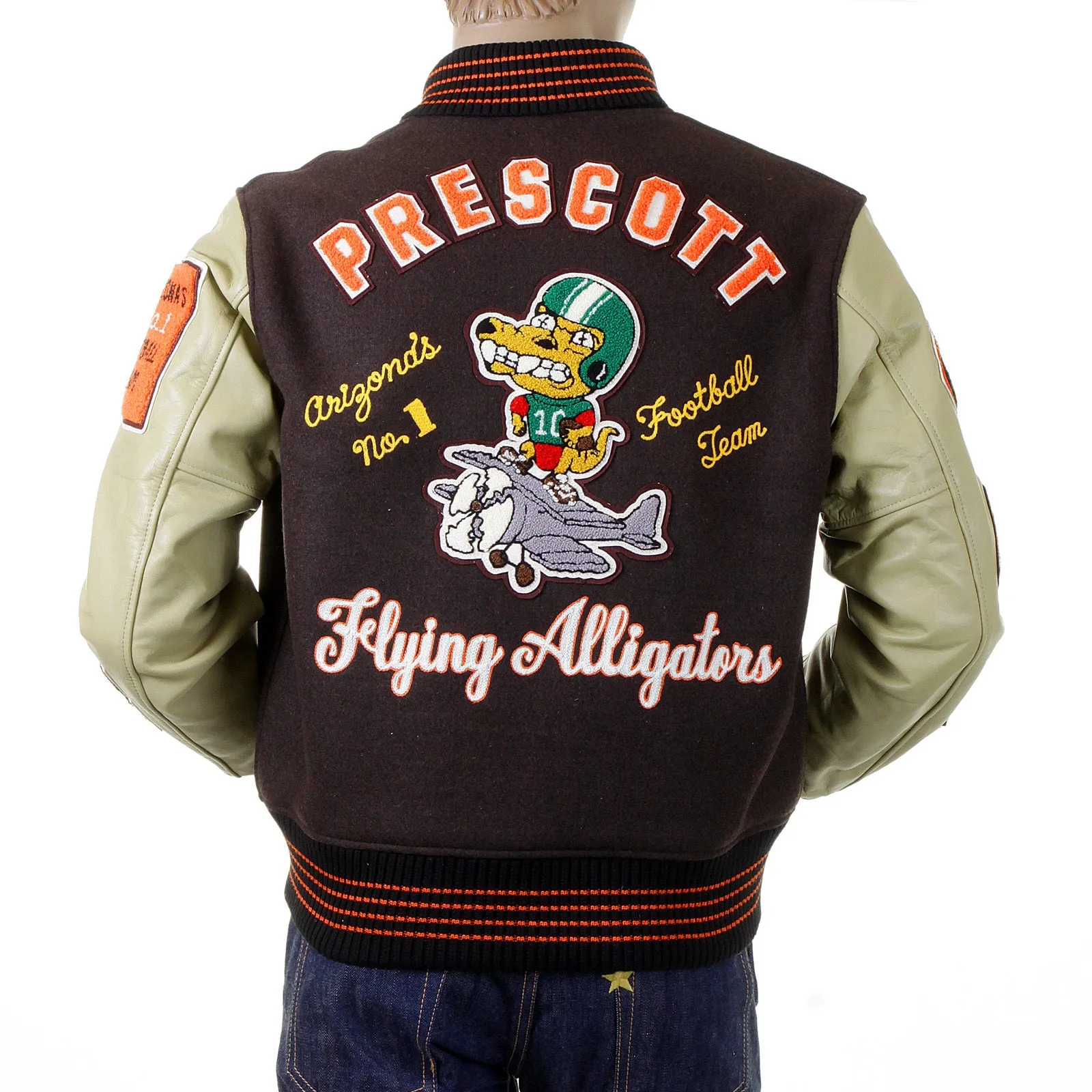 Whitesville Brown Wool Body Dark Cream Leather Sleeve WV12077 Regular Fit Flying Alligators Stadium Jacket CANE2101 sold by Sugar Cane product image thumbnail 5