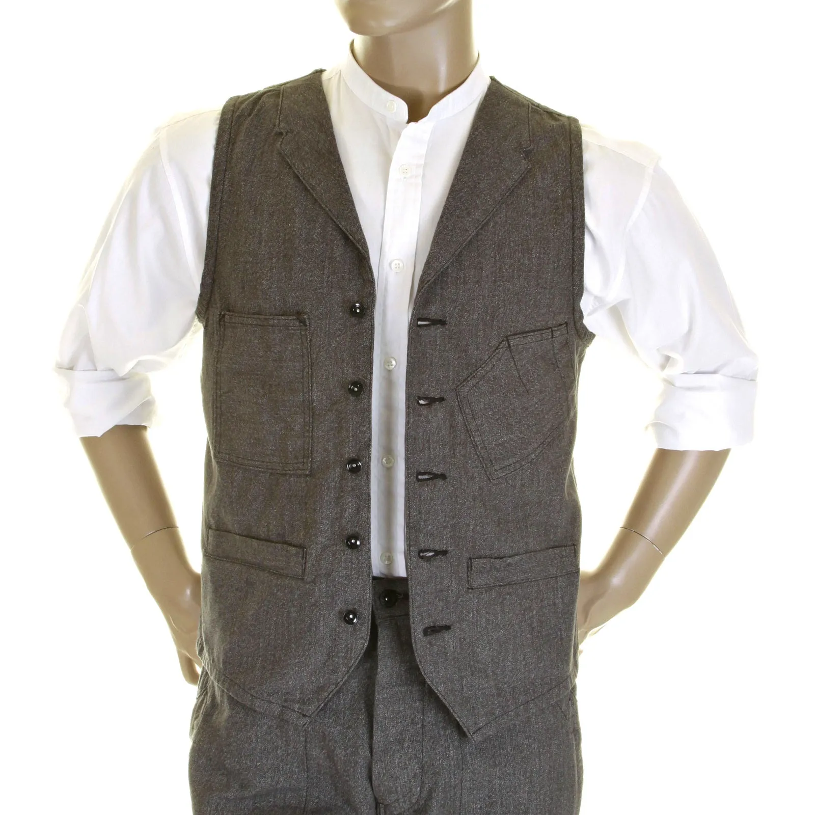 Sugarcane Mens SC12243 Vintage Cut 1940s Style Cover Engineer Cotton Waistcoat Vest in Charcoal Black CANE0251 sold by Sugar Cane