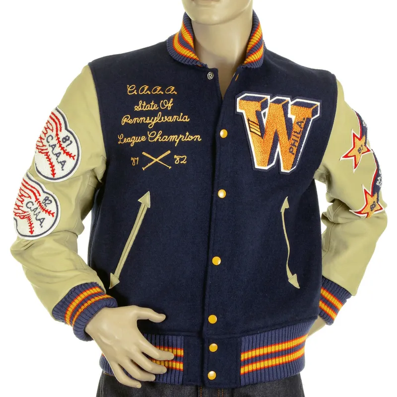 Sugar Cane Mens WV11793 Royal Blue with Cream Leather Sleeve Philadelphia Wild Cats Letterman Stadium Jacket WHIT4228 made by Sugar Cane