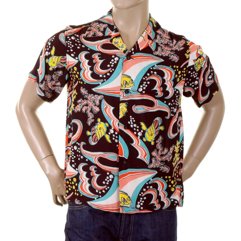 Sun Surf Mens SS34455 Brown Regular Fit Short Sleeve Cuban Collar Hawaiian Shirt with Underwater Coral Print SURF3726 made by SUNSURF