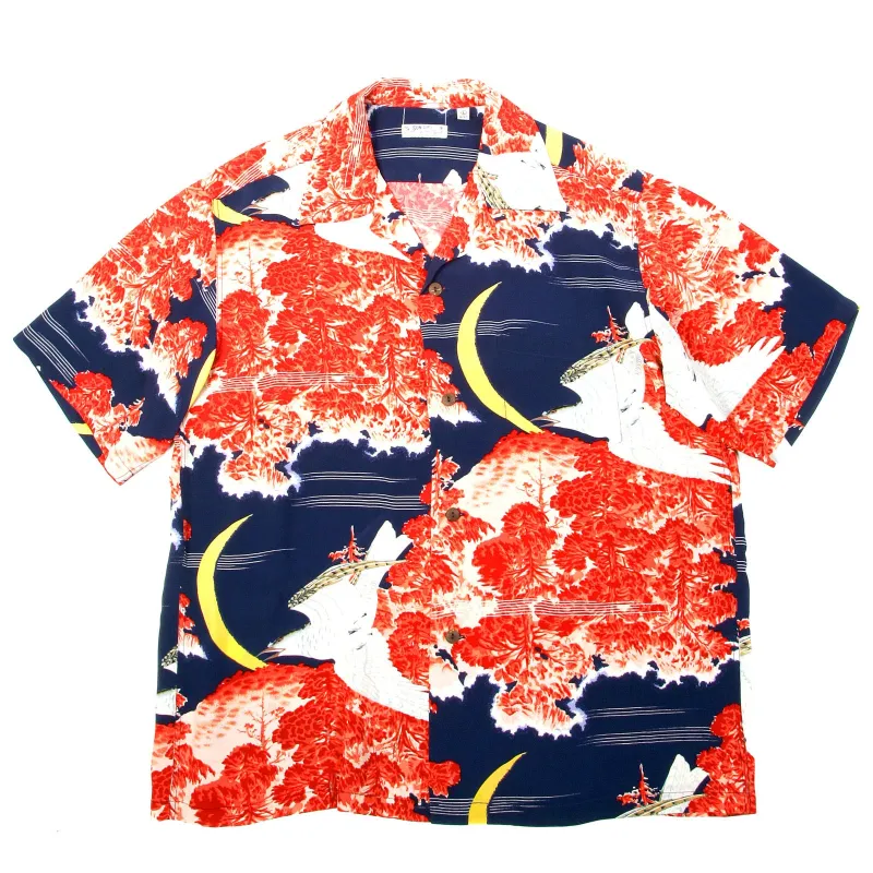 Sun Surf Mens SS33330 Vintage Hawaiian Navy Blue Short Sleeve Cuban Collar Shirt with Falcon and Aloha Moon Print SURF9054 made by SUNSURF