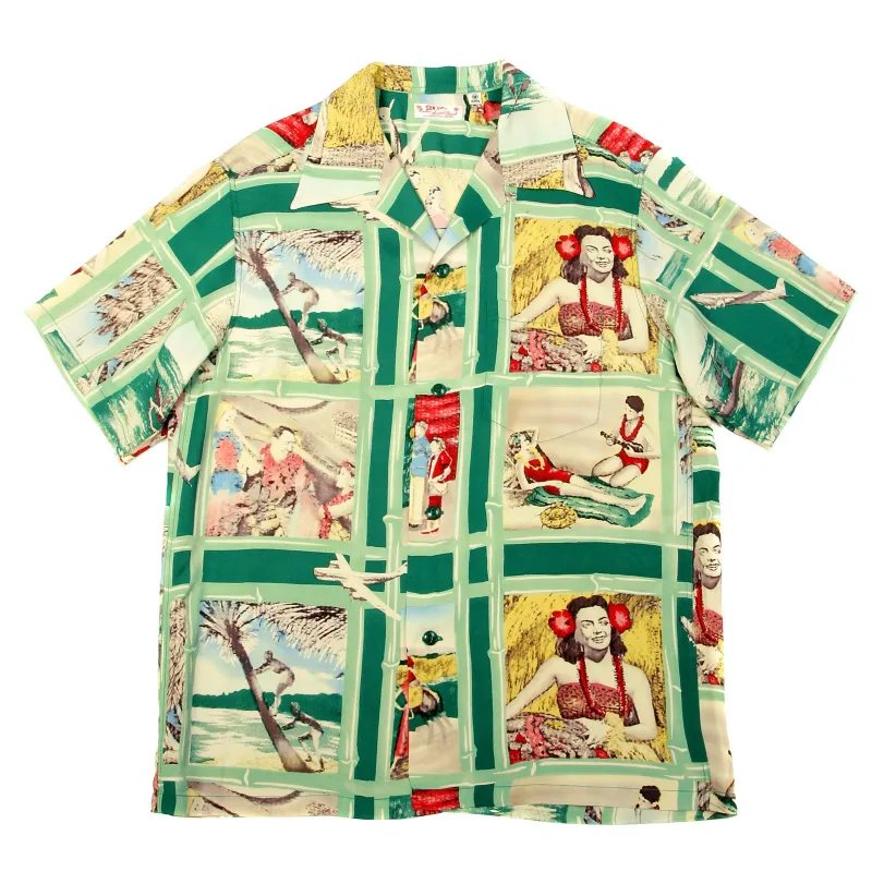 Sun Surf Mens SS33326 Green Vintage Short Sleeve Cuban Collar Hawaiian Shirt with Fly to the Paradise Print SURF9051 made by SUNSURF