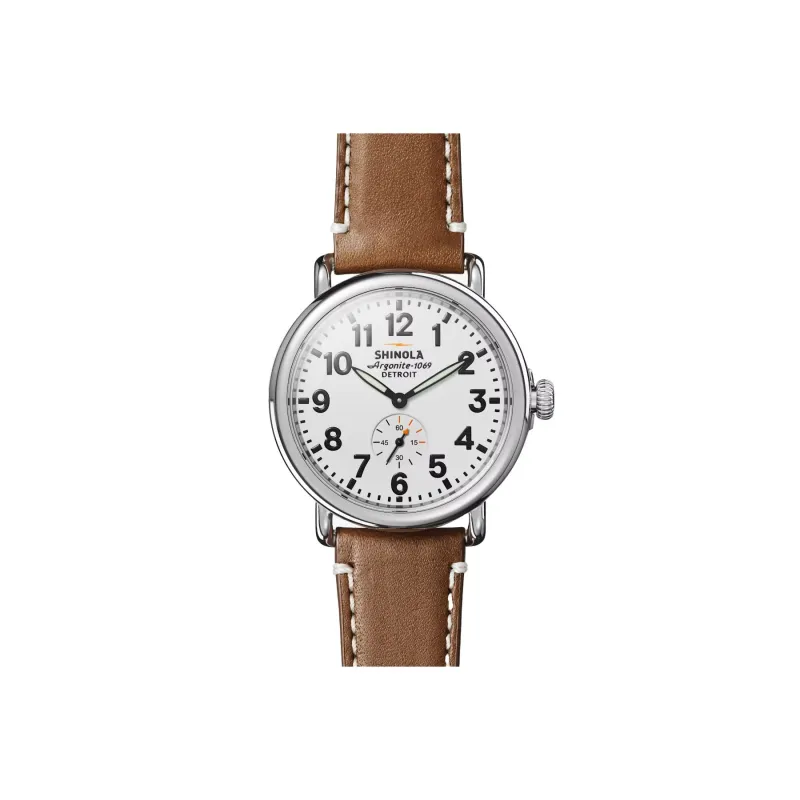 Shinola Runwell | 41MM | Stainless Steel Polished Plating | White Dial | Brown Leather Strap made by Shinola