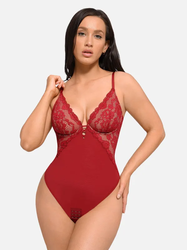 Feelingirl V Neck Elegant Lace Sculpting Thongs Bodysuit sold by FeelinGirl