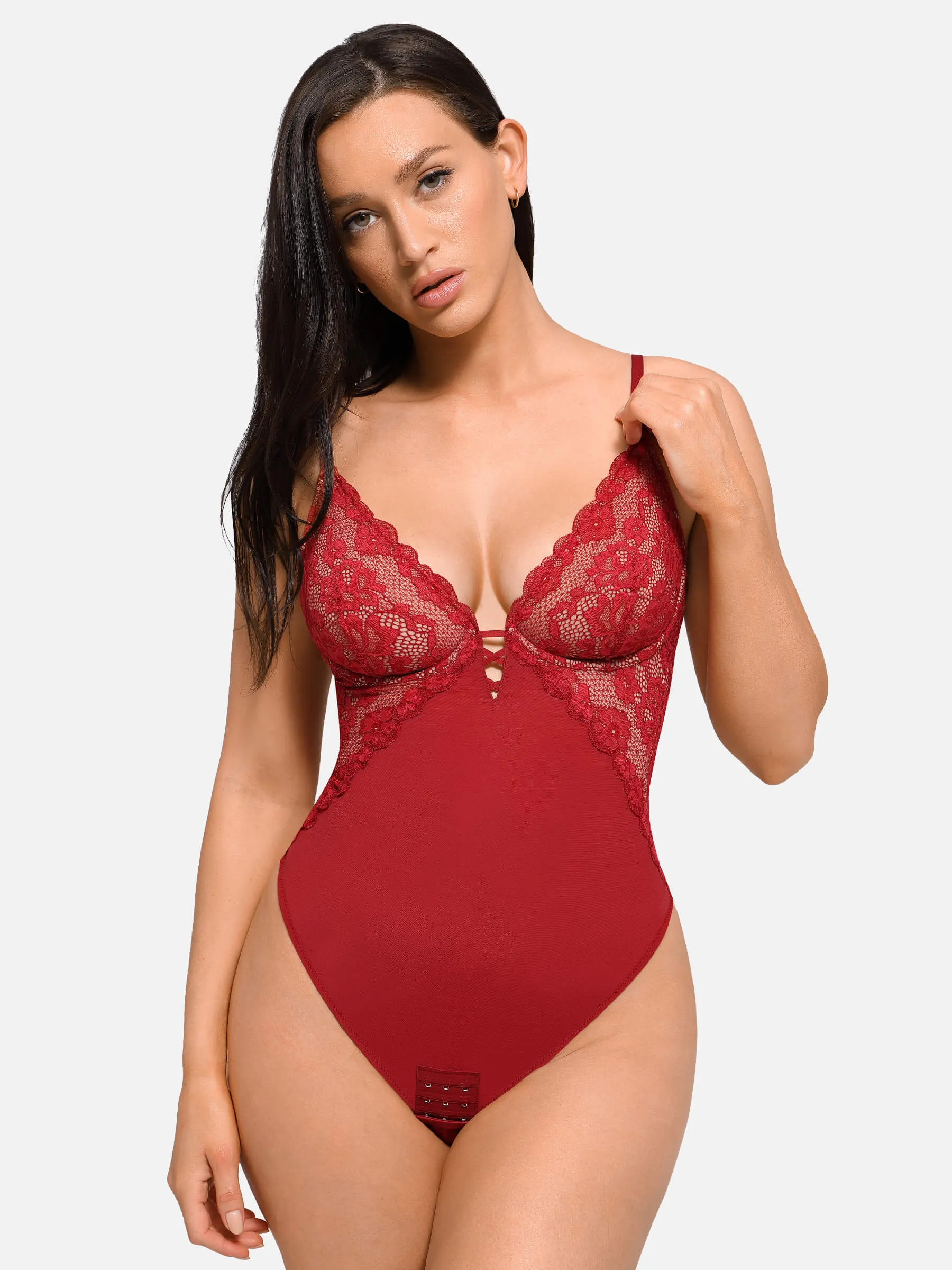 Feelingirl V Neck Elegant Lace Shaping Thongs Bodysuit sold by FeelinGirl product image thumbnail 2