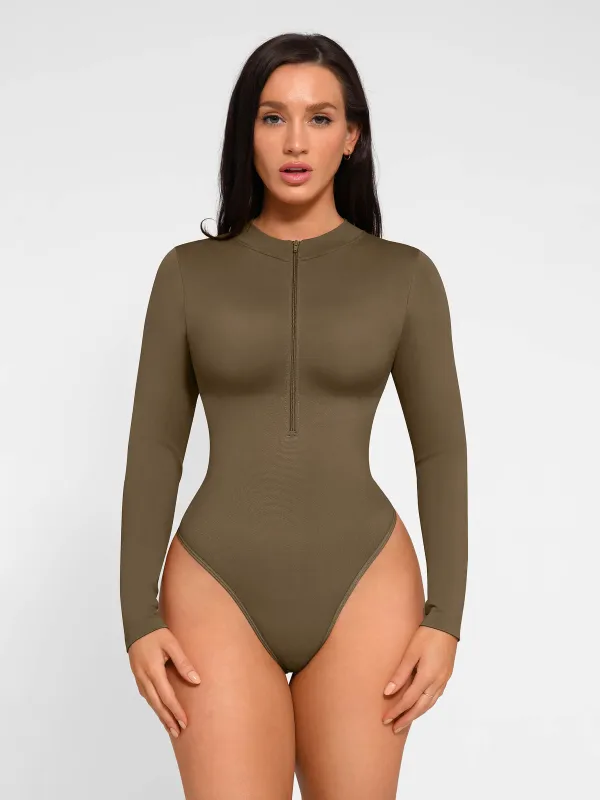 Feelingirl Seamless Long Sleeve Zipper Thong Bodysuit sold by FeelinGirl