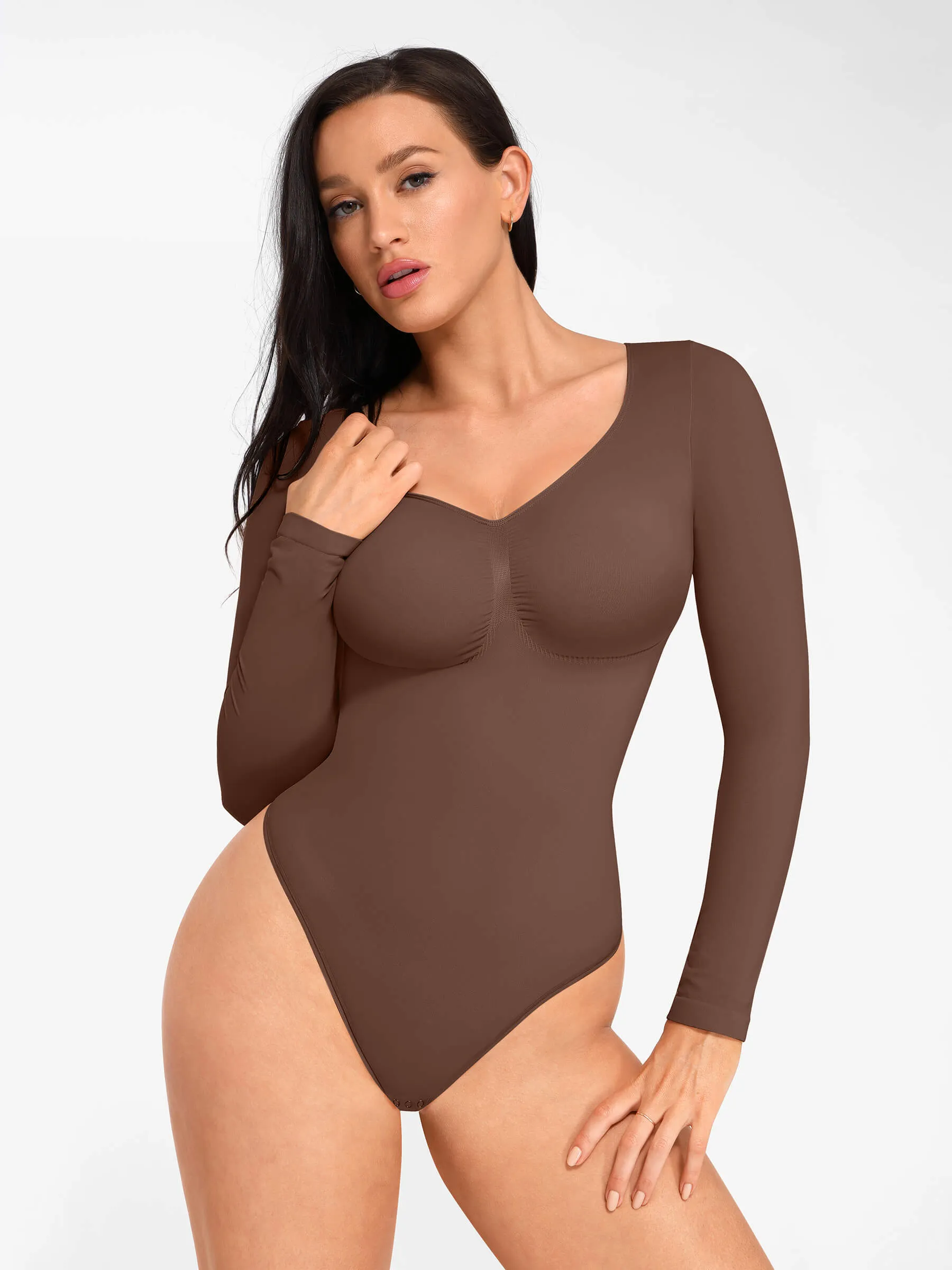 Feelingirl Seamless Long Sleeve Chest Support Tummy Control Thong Bodysuit sold by FeelinGirl