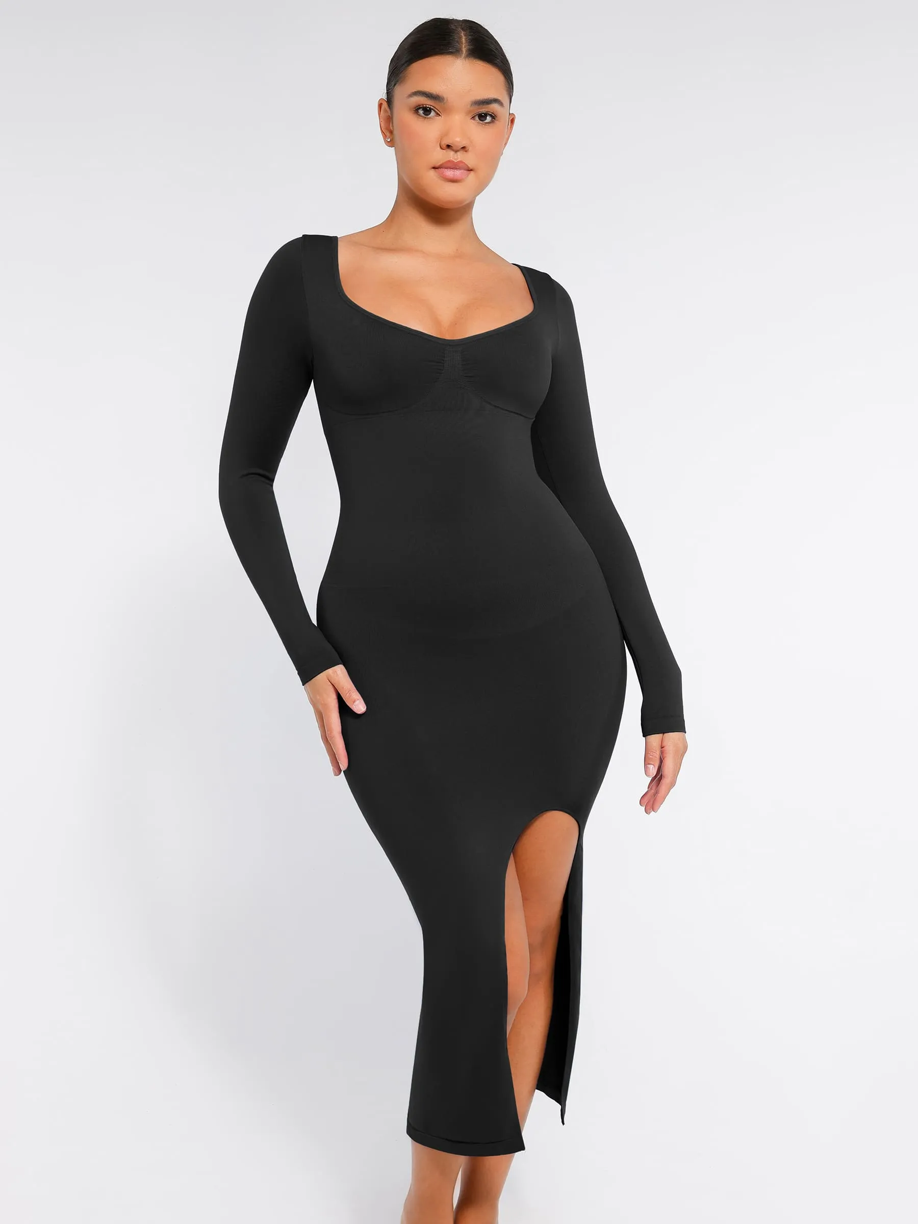 Feelingirl Seamless Long Sleeve Shaper Dress with Removable Pads and High Slit sold by FeelinGirl product image thumbnail 2