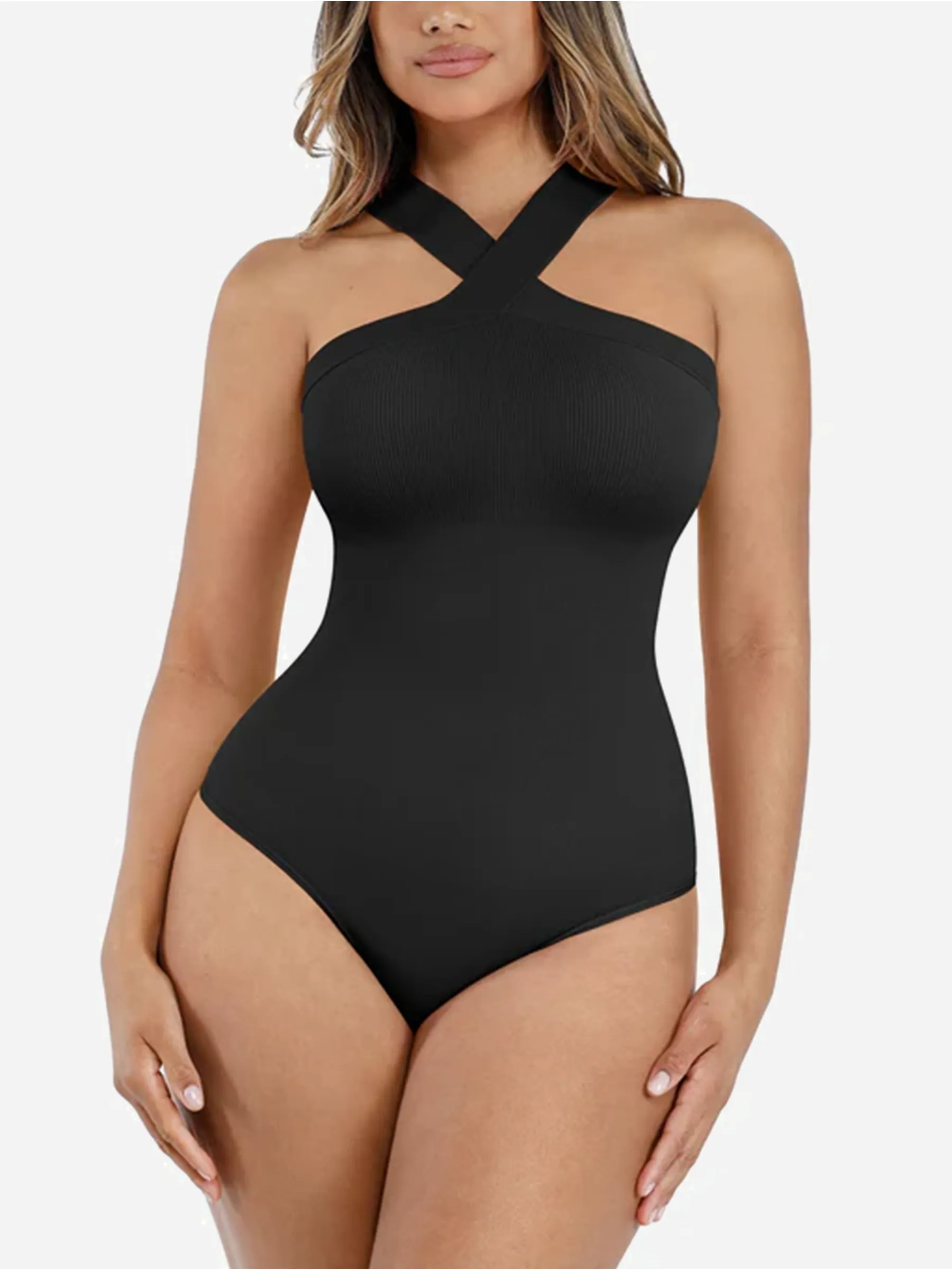 Feelingirl Seamless Crossover Halter Thong Bodysuit Shapewear for Everyday Wear sold by FeelinGirl