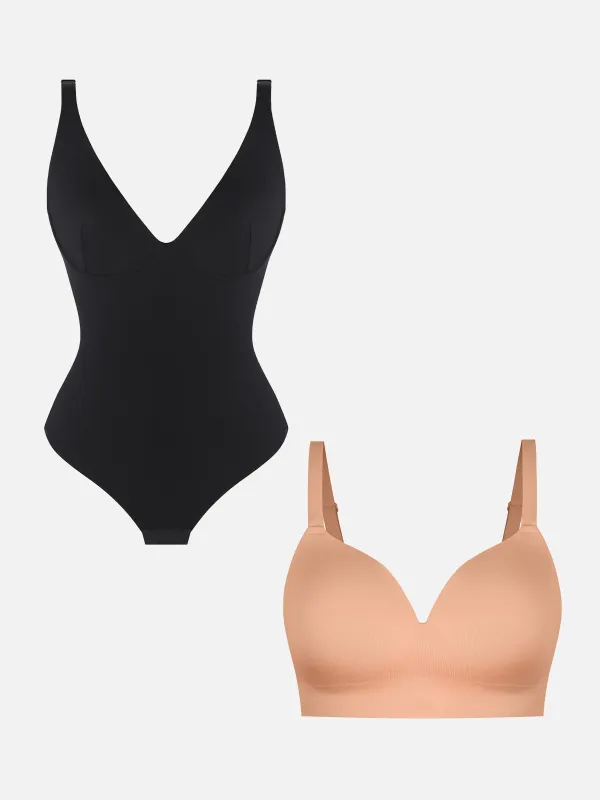 Feelingirl 1 V Neck Shaping Bodysuit + 1 Push-Up Seamless Bra sold by FeelinGirl