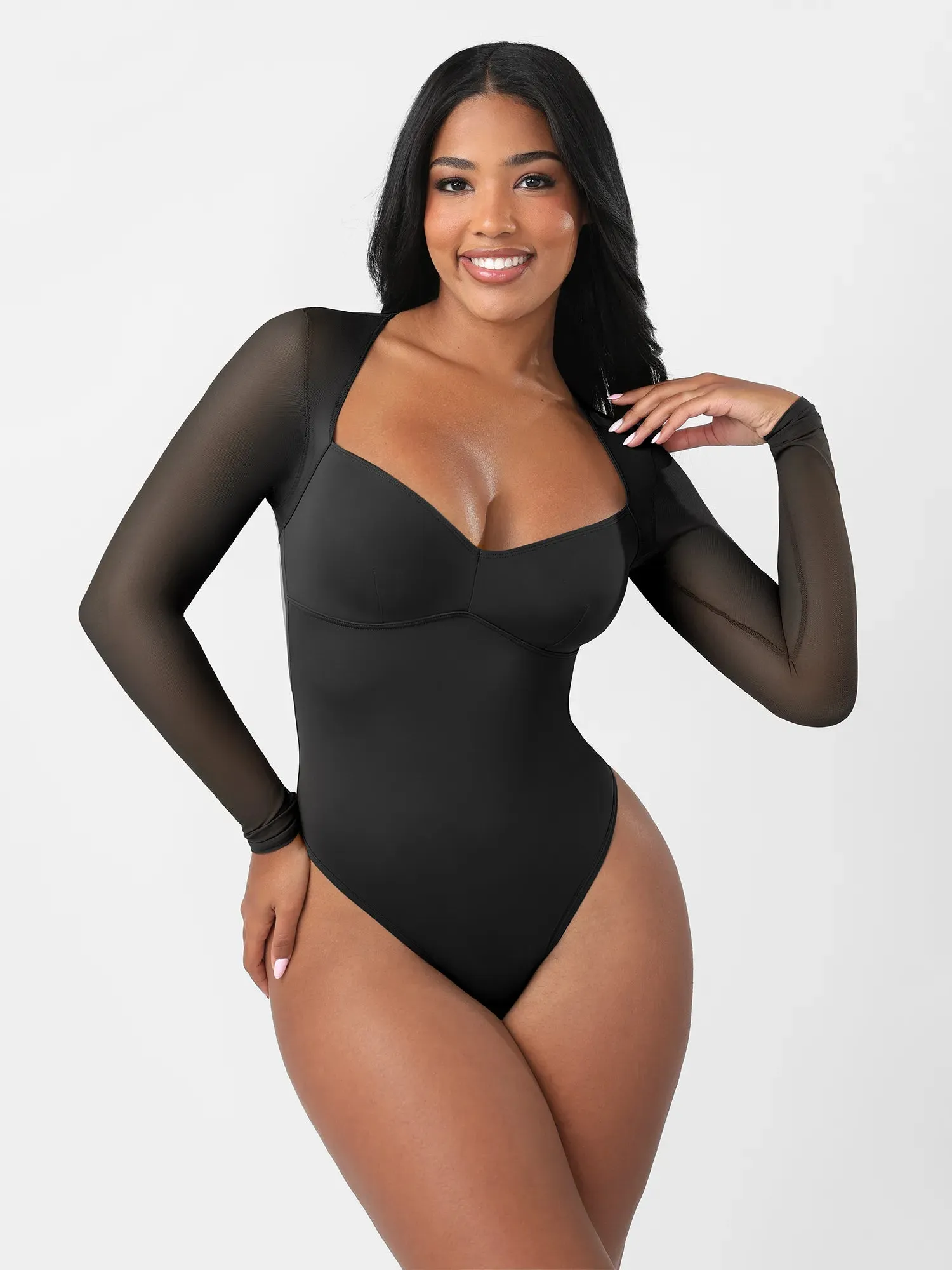 Feelingirl Mesh Panel V-Neck Thong Bodysuit sold by FeelinGirl