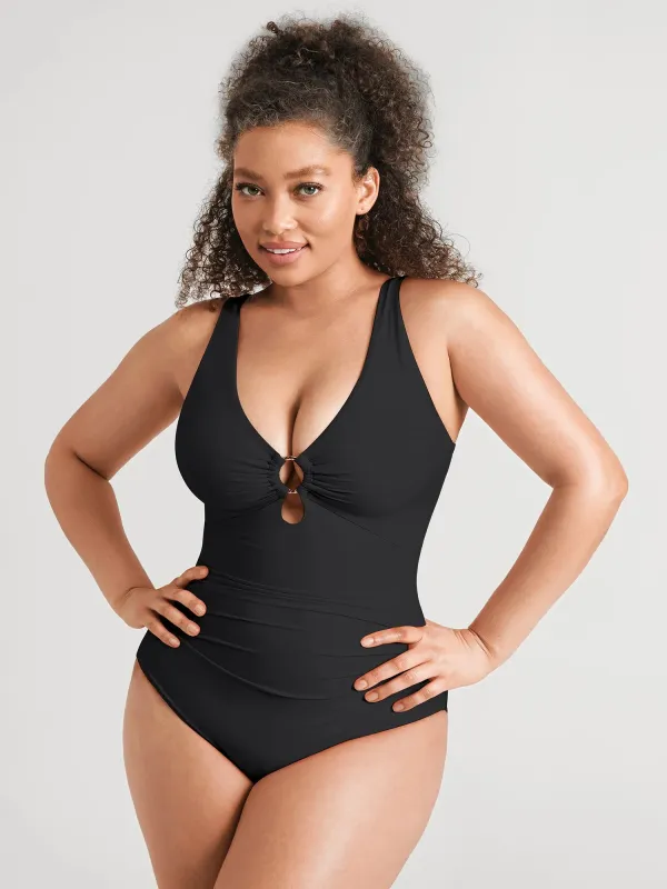 Feelingirl Deep V Metal Ring Ruched Sculpting Swimsuit sold by FeelinGirl