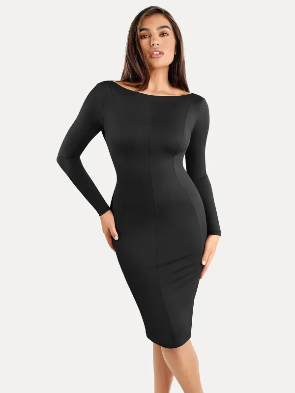Popilush Shapewear Long Sleeve Boat Neck Sculpting Midi Dress made by FeelinGirl