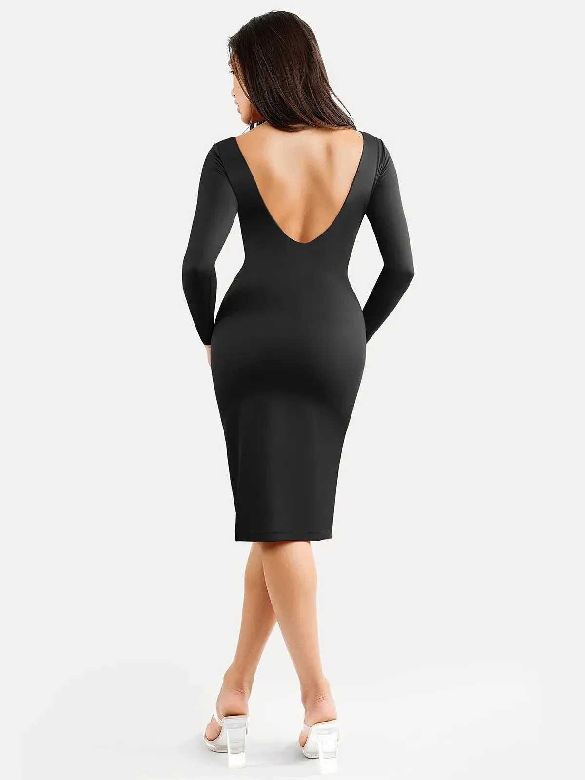 Popilush Shapewear Long Sleeve Boat Neck Sculpting Midi Dress sold by FeelinGirl product image thumbnail 5