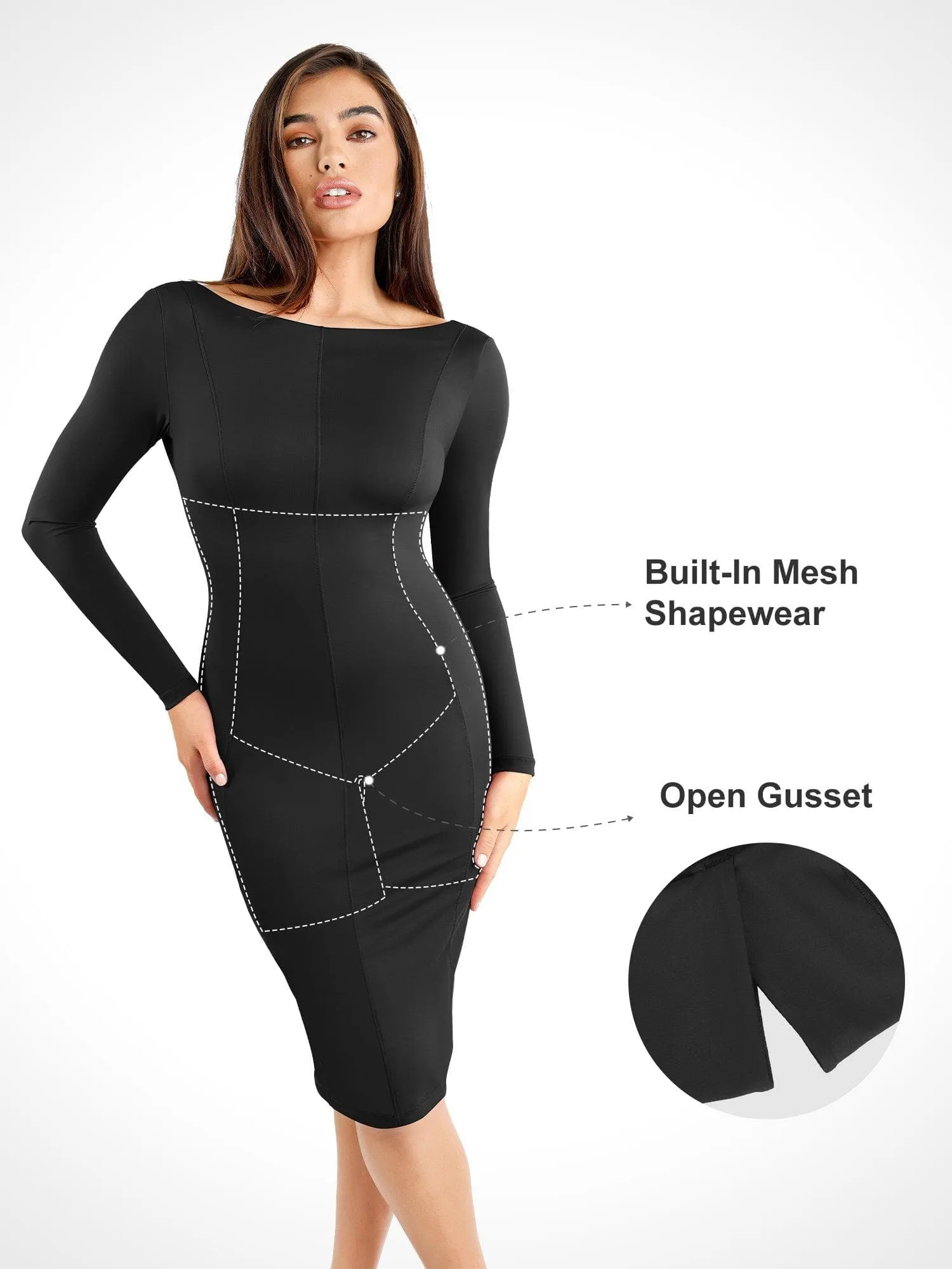 Popilush Shapewear Long Sleeve Boat Neck Sculpting Midi Dress sold by FeelinGirl product image thumbnail 2