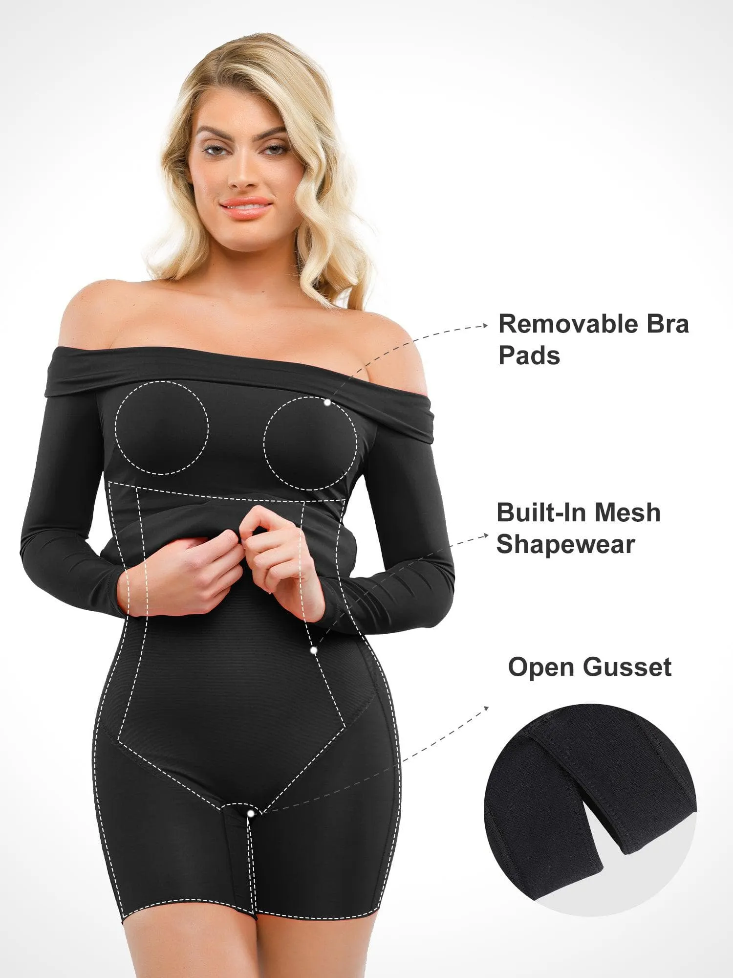 Popilush Shapewear Long Sleeve Off-the-Shoulder Bodycon Mini Dress sold by FeelinGirl product image thumbnail 2