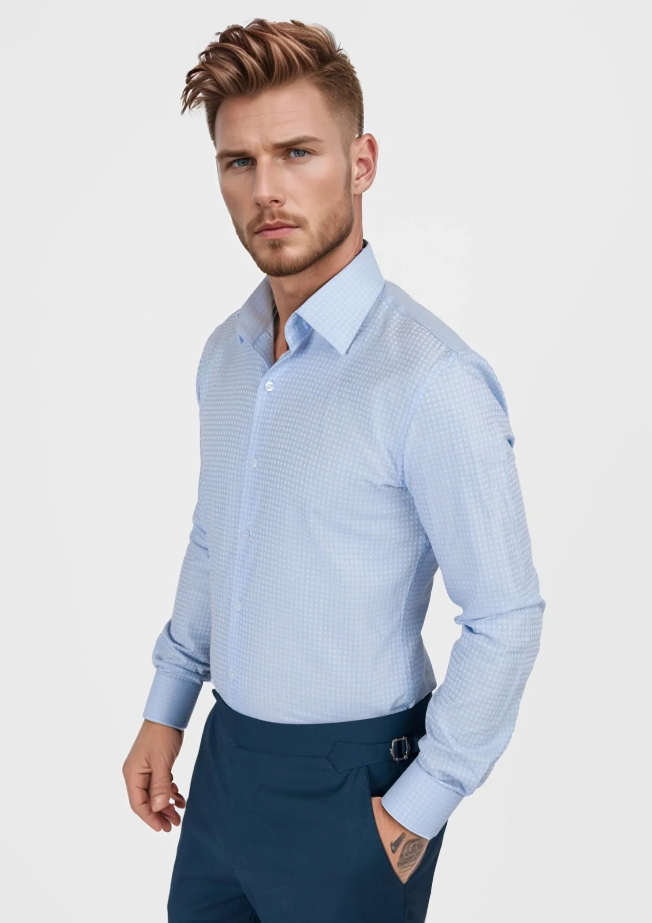 Sky Blue Microcheck Shirt sold by Sartoro product image thumbnail 3