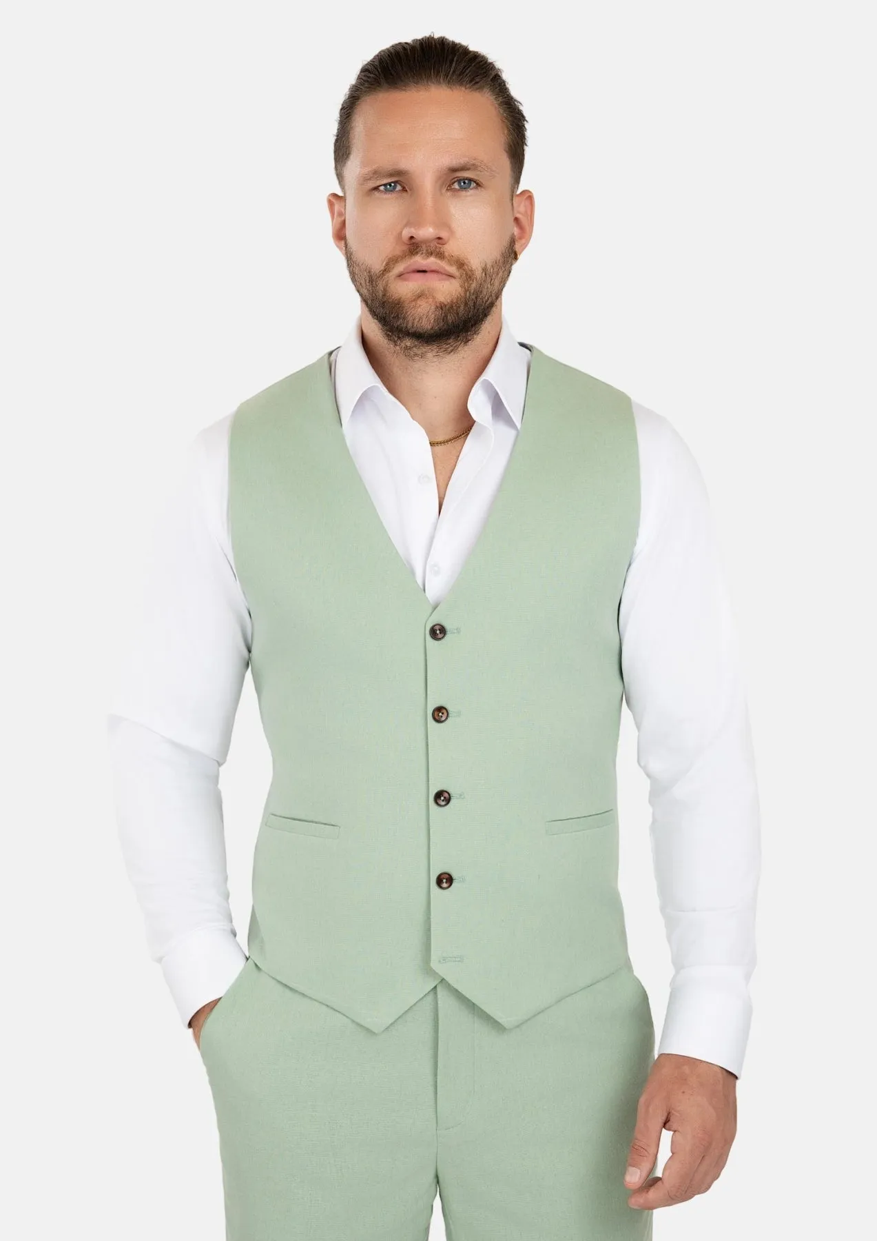 Fern Green Linen Blend Vest sold by Sartoro
