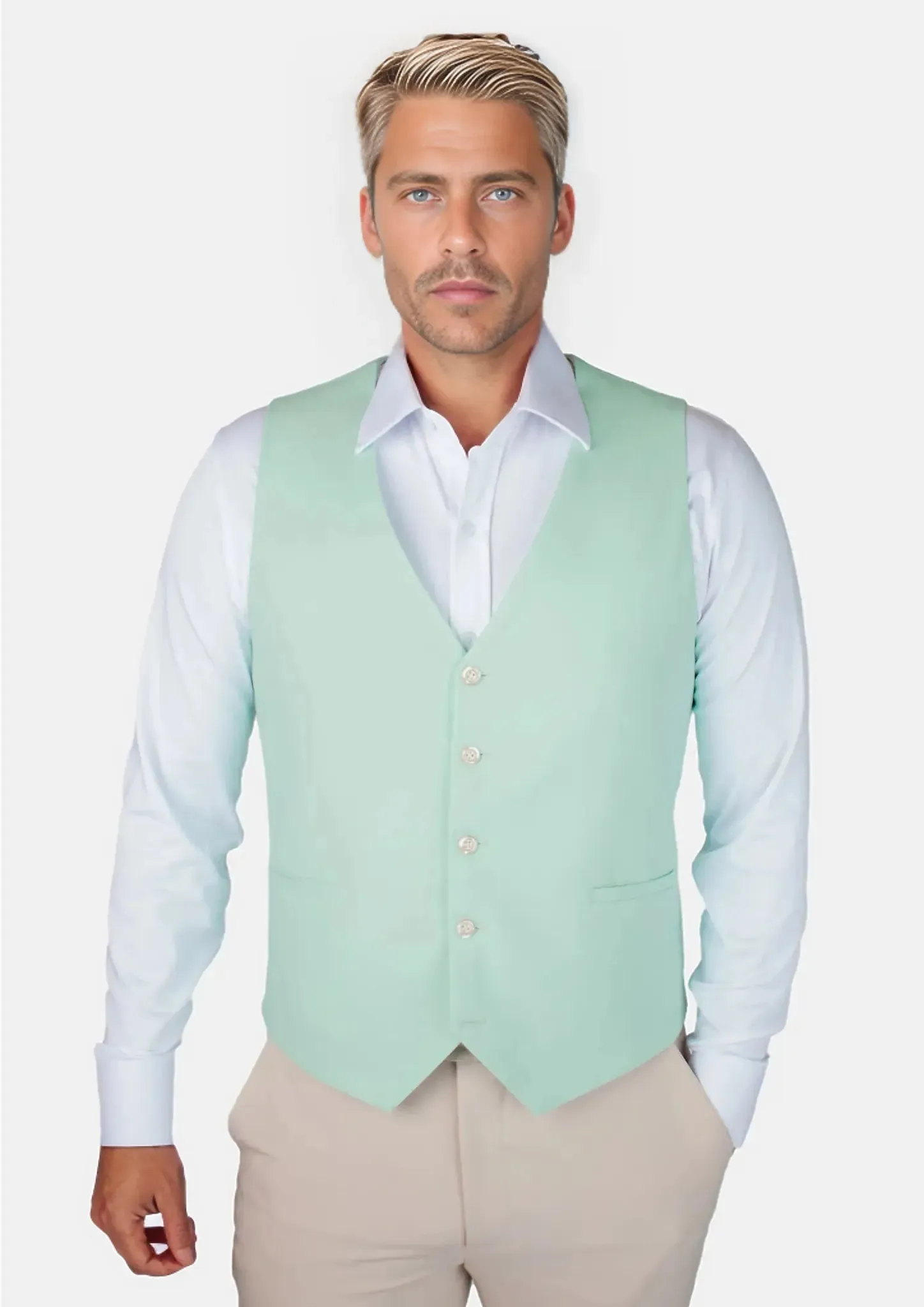 Mint Green Linen Blend Vest sold by Sartoro