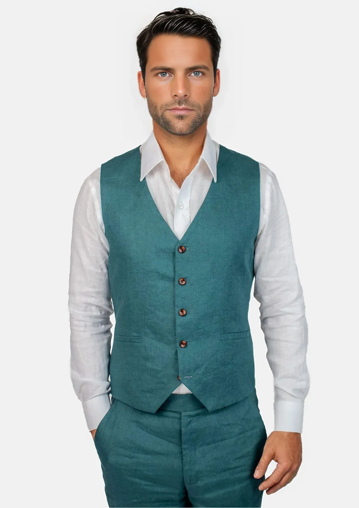 Deep Teal Linen Vest sold by Sartoro