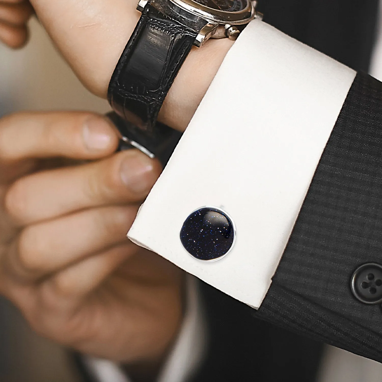 Sterling Silver Classic Round Blue Goldstone Cufflinks sold by Sartoro product image thumbnail 5